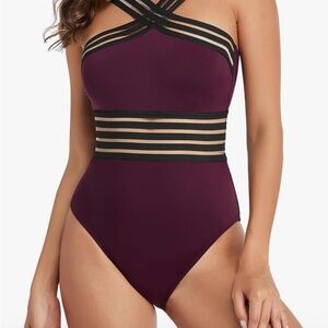 Women's Strappy Purple and Black Tummy Control Swimsuit